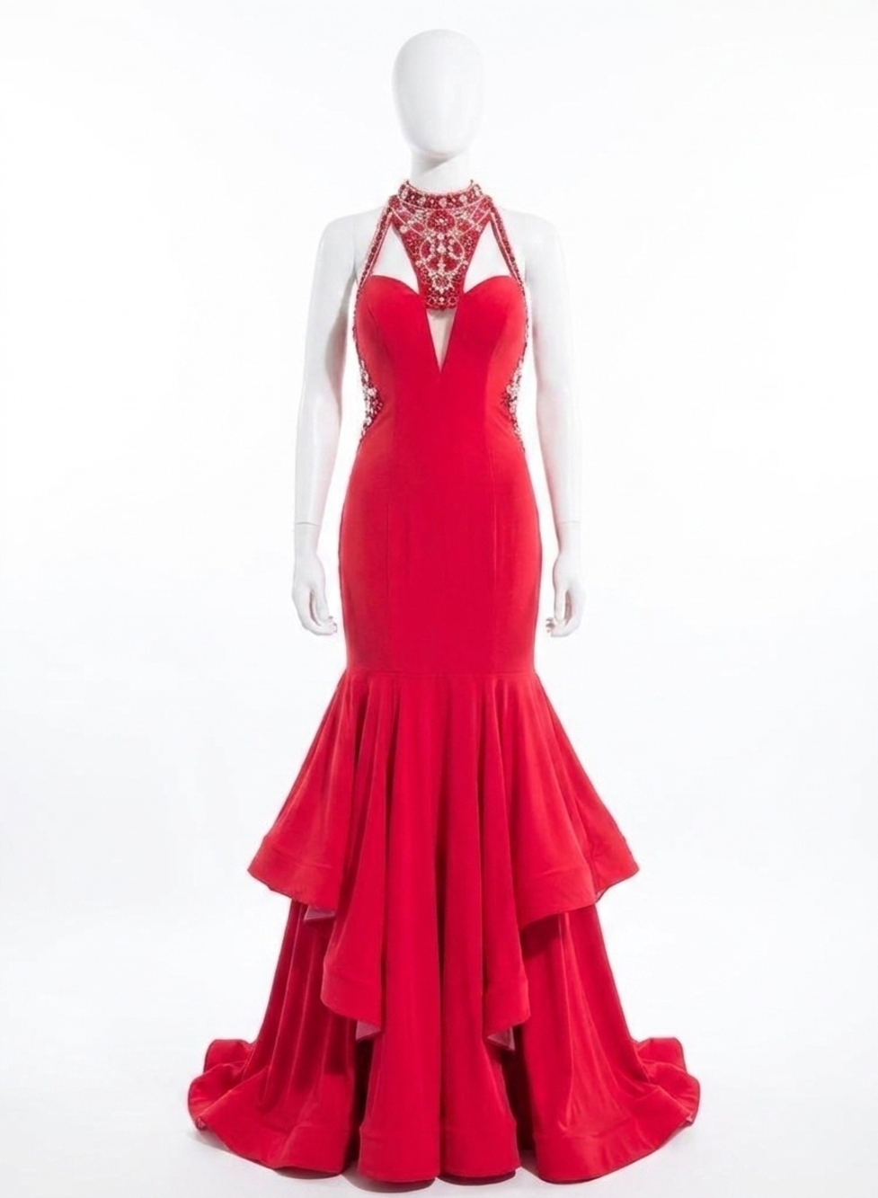 NEW RACHEL ALLAN beaded halter neck jersey prom gown in red